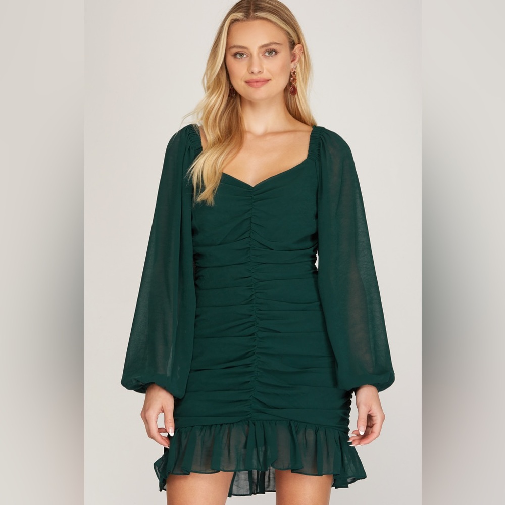 Long sleeve woven rouched dress in sea green